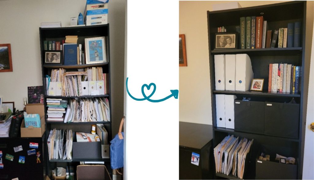 Side to side comparison of a bookshelf before and after